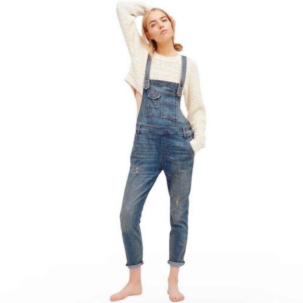 Free People Milo Denim Ankle Overalls Distressed Pockets Casual Athleisure Chic